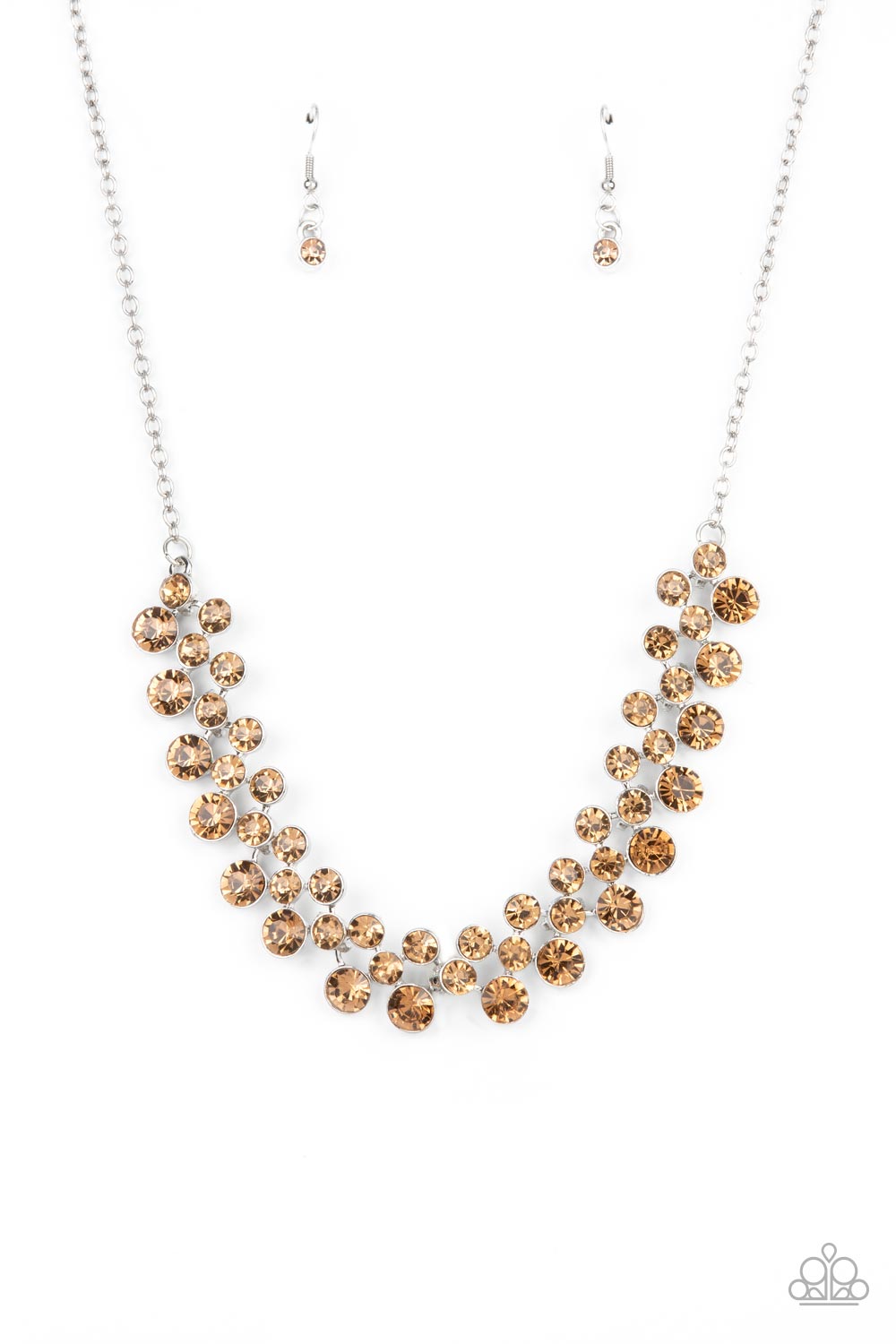 Won The Lottery - Brown Rhinestone Short Silver Necklace