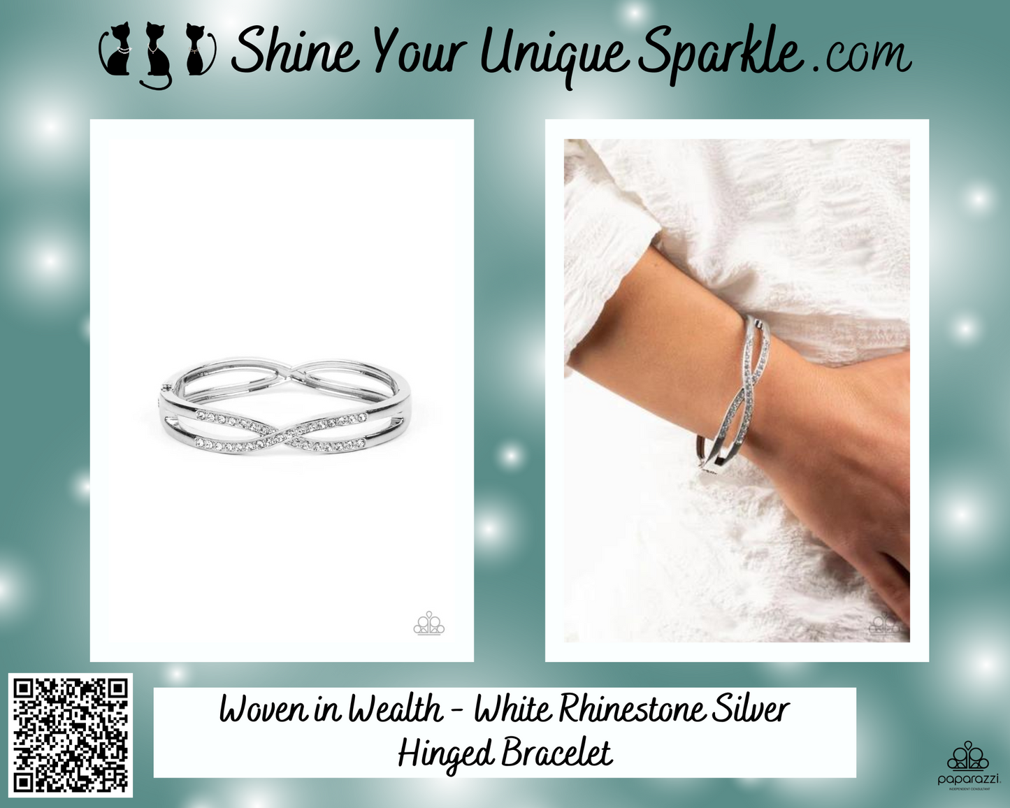 Woven in Wealth - White Rhinestone Silver Hinged Bracelet