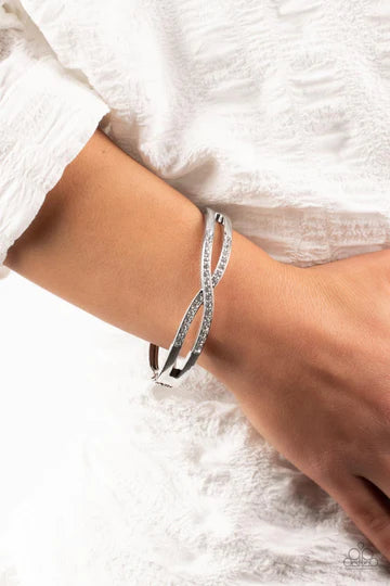 Woven in Wealth - White Rhinestone Silver Hinged Bracelet