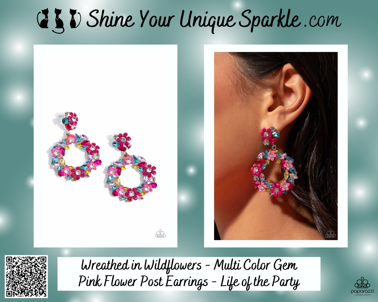 Wreathed in Wildflowers - Multi Color Gem Pink Flower Post Earrings - Life of the Party