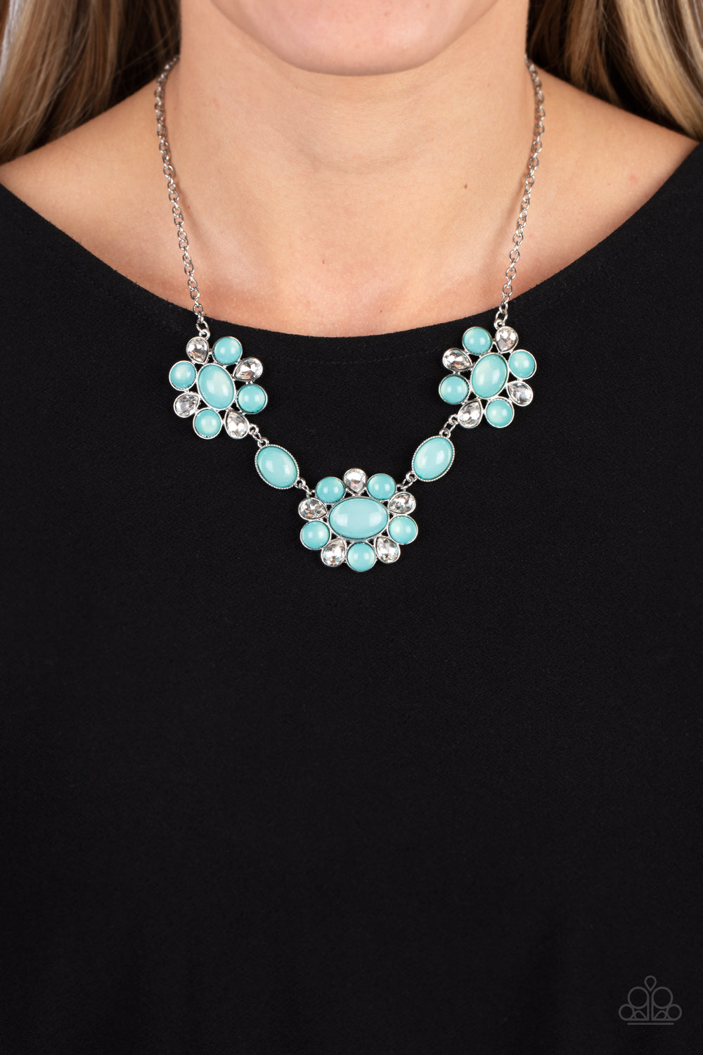 Your Chariot Awaits - Blue Opalescent Bead White Rhinestone Short Silver Necklace