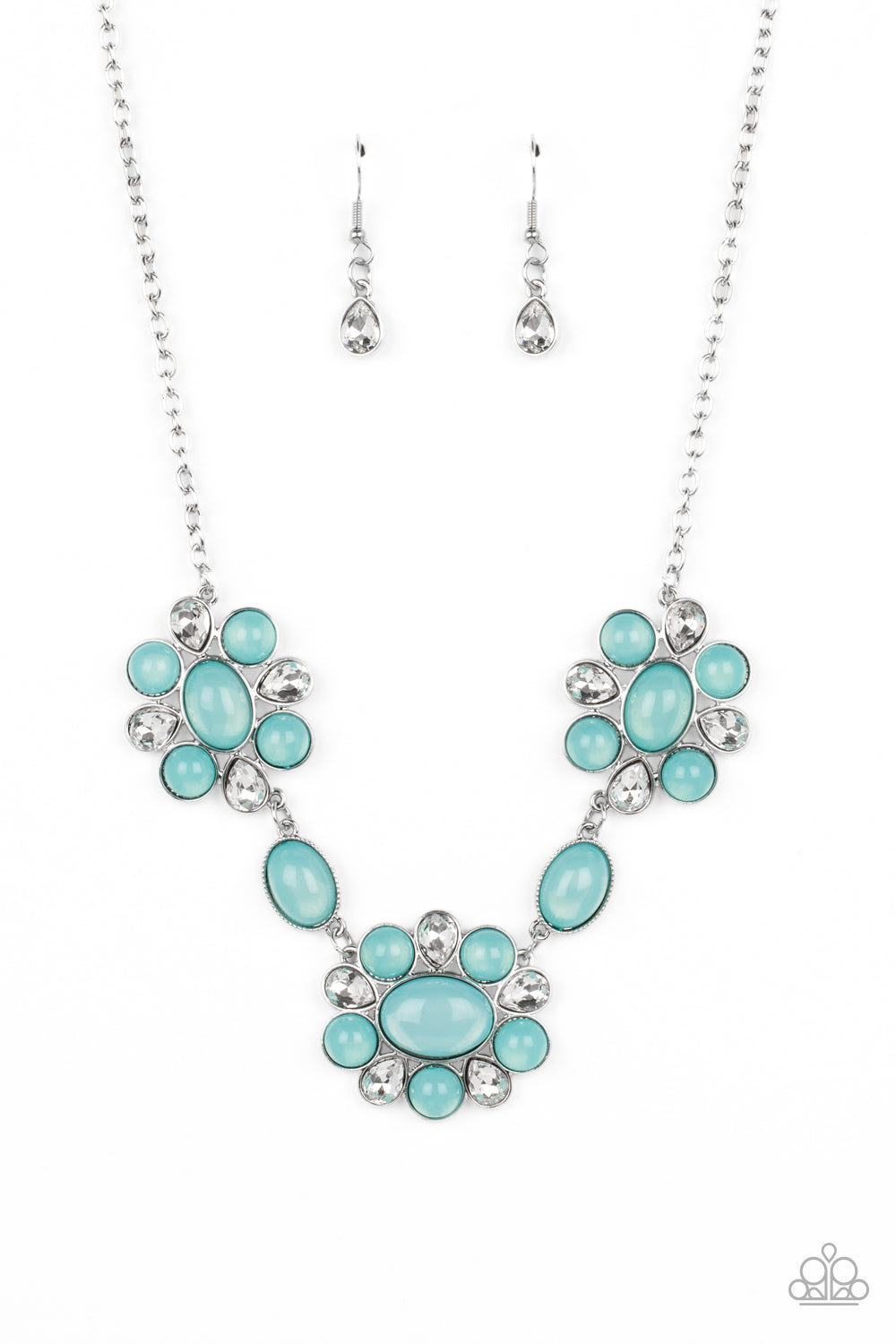 Your Chariot Awaits - Blue Opalescent Bead White Rhinestone Short Silver Necklace