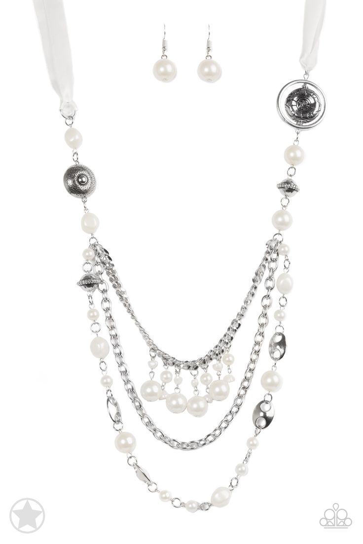 All The Trimmings - Ivory Ribbon Pearl and Silver Bead Long Necklace - Blockbuster