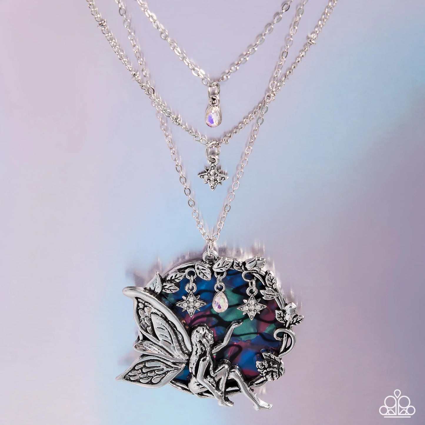Fabled Fairy - Multi Abalone Shell Silver Fairy Layered Pendant Short Necklace - Empire Diamond Exclusive