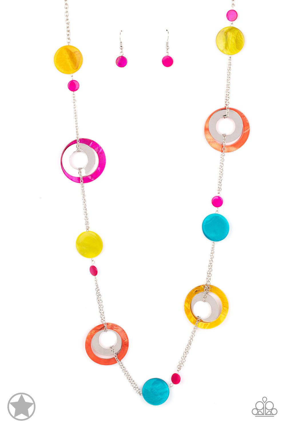 Kaleidoscopically Captivating - Multi Yellow Orange and Pink Acrylic Disc Long Silver Necklace