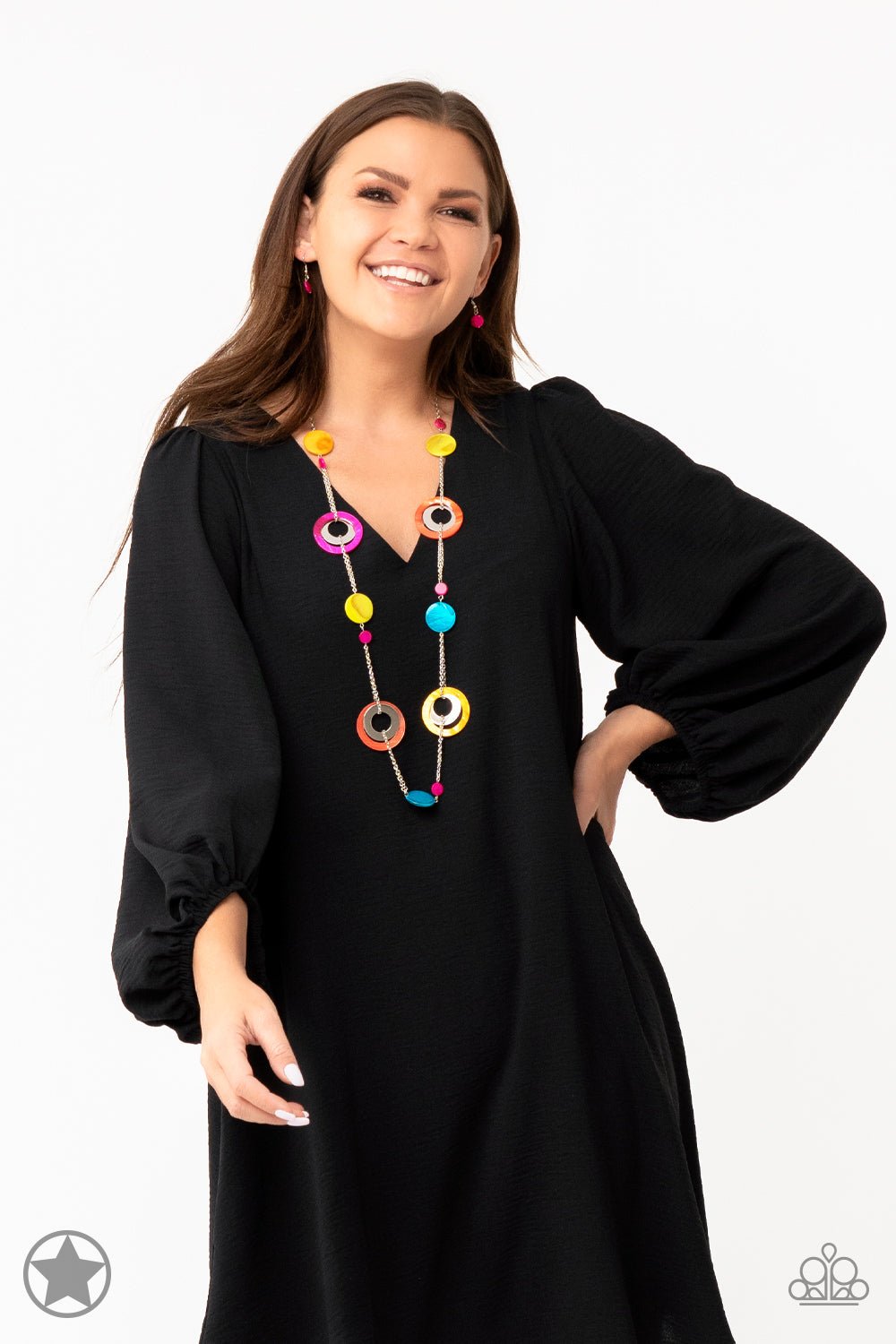 Kaleidoscopically Captivating - Multi Yellow Orange and Pink Acrylic Disc Long Silver Necklace