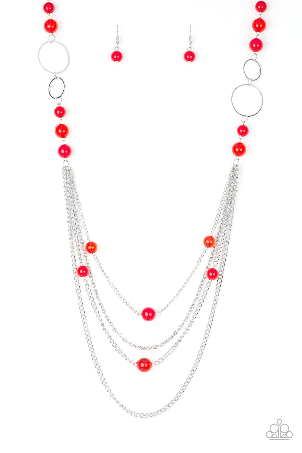 Bubbly Bright - Red Bead Silver Layered Long Necklace
