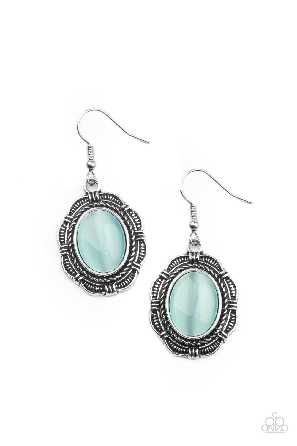Garden Party Perfection - Blue Cat's Eye Silver Oval Fishhook Earrings