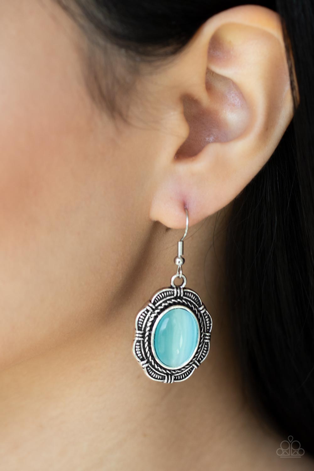 Garden Party Perfection - Blue Cat's Eye Silver Oval Fishhook Earrings
