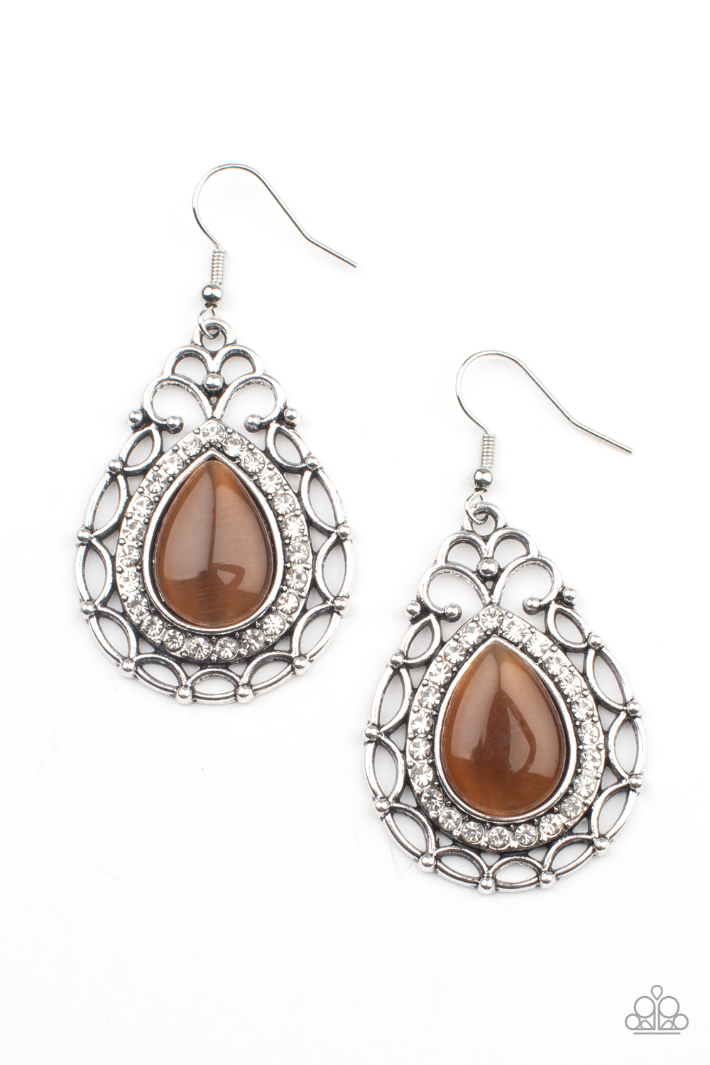 Endlessly Enchanting - Brown Cat's Eye Silver Teardrop Fishhook Earrings