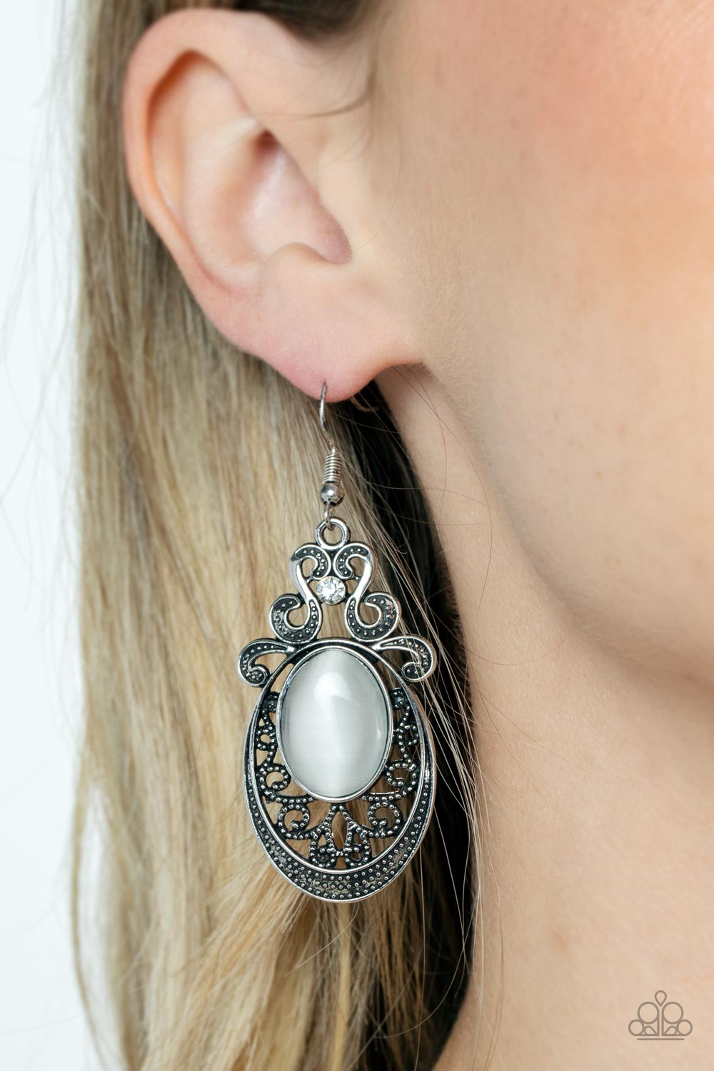 Garden Gondola Ride - White Cat's Eye Silver Earrings
