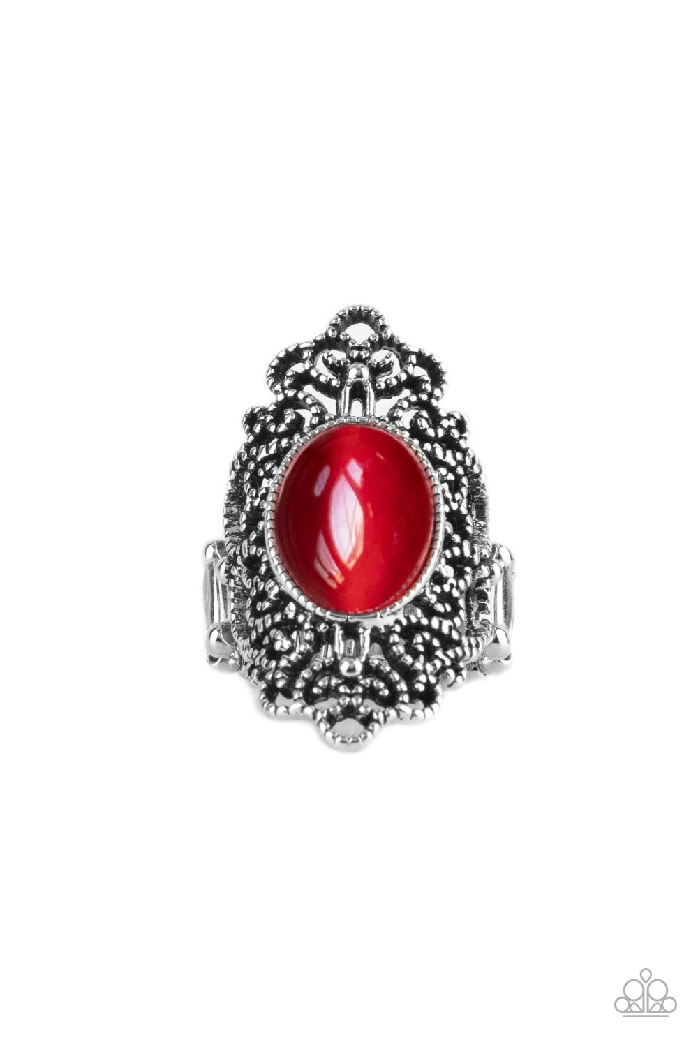 Once Upon a Meadow - Red Cat's Eye Stone with Gun Metal VINE-Like Filigree Silver Ring