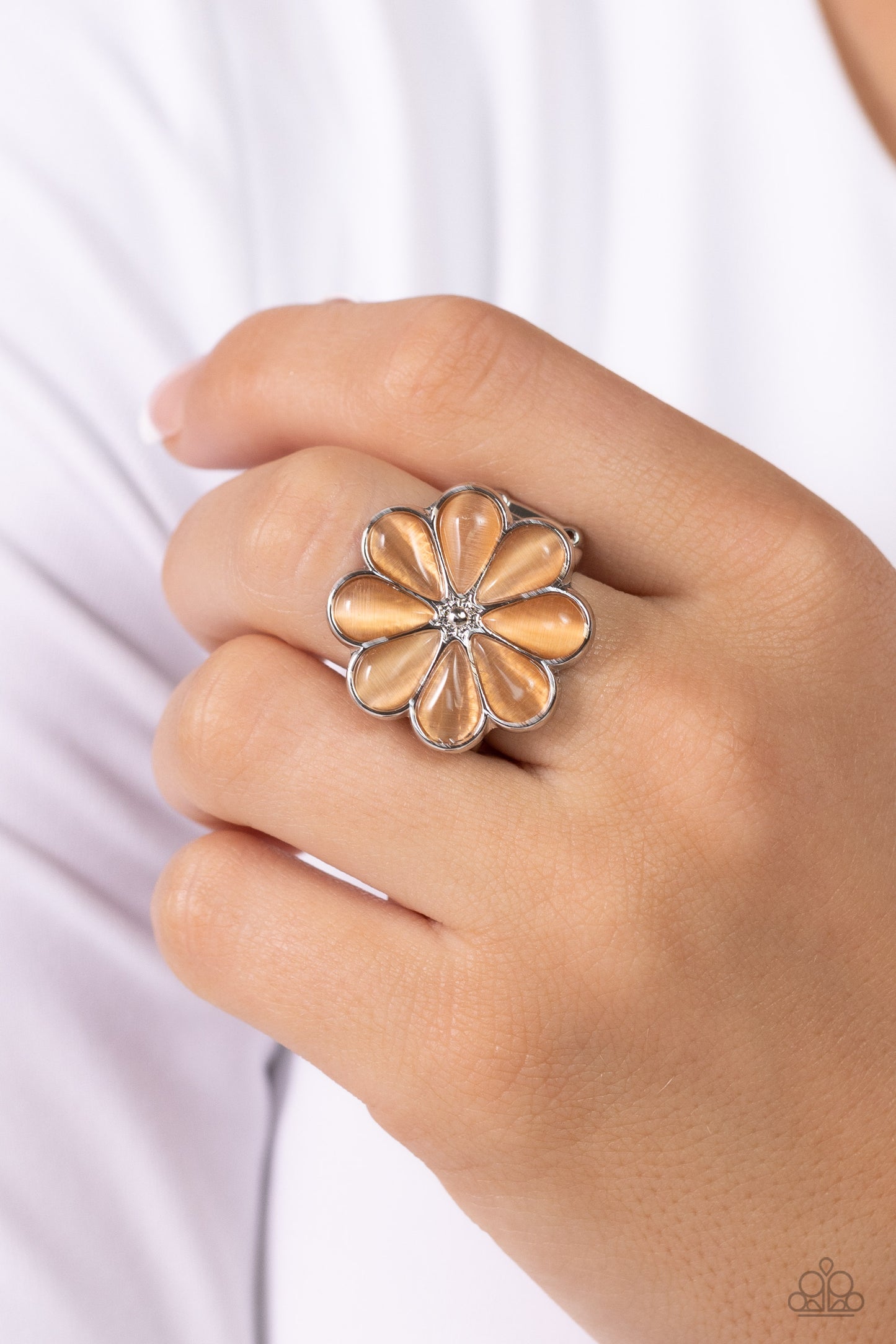 Gemstone Garden - Orange Cat's Eye Flower Silver Ring