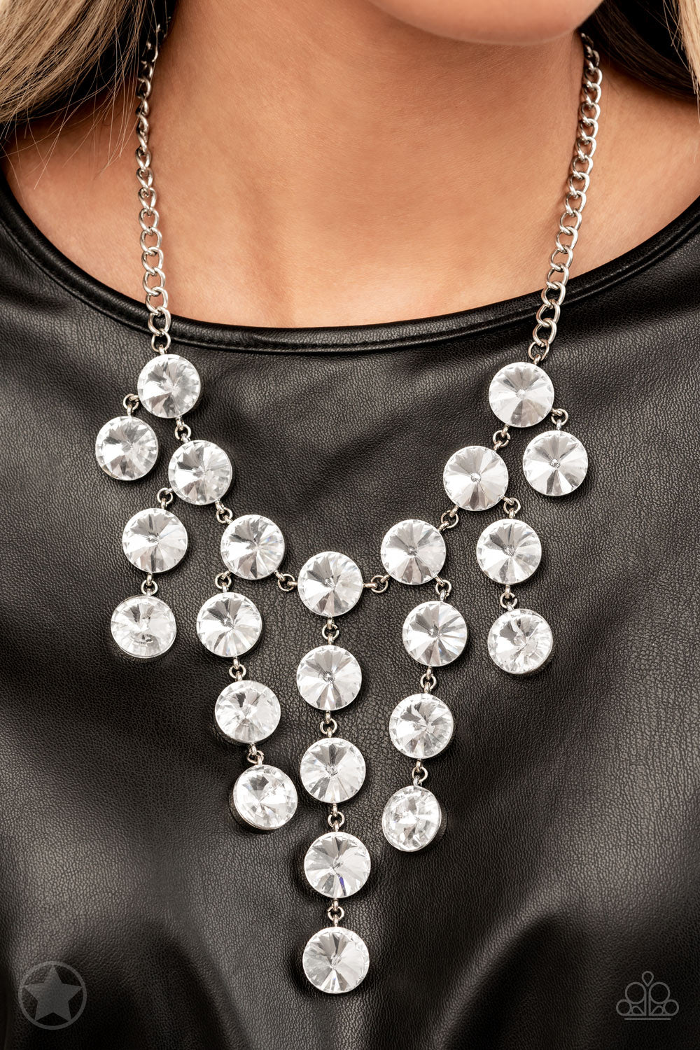 Spotlight Stunner - White Gem Fringe Silver Short Necklace - Blockbuster