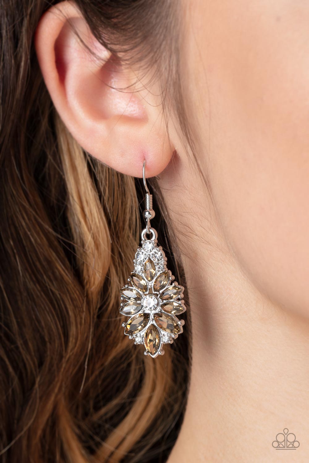 Gala Goddess - Brown Topaz Rhinestone Silver Fishhook Earrings