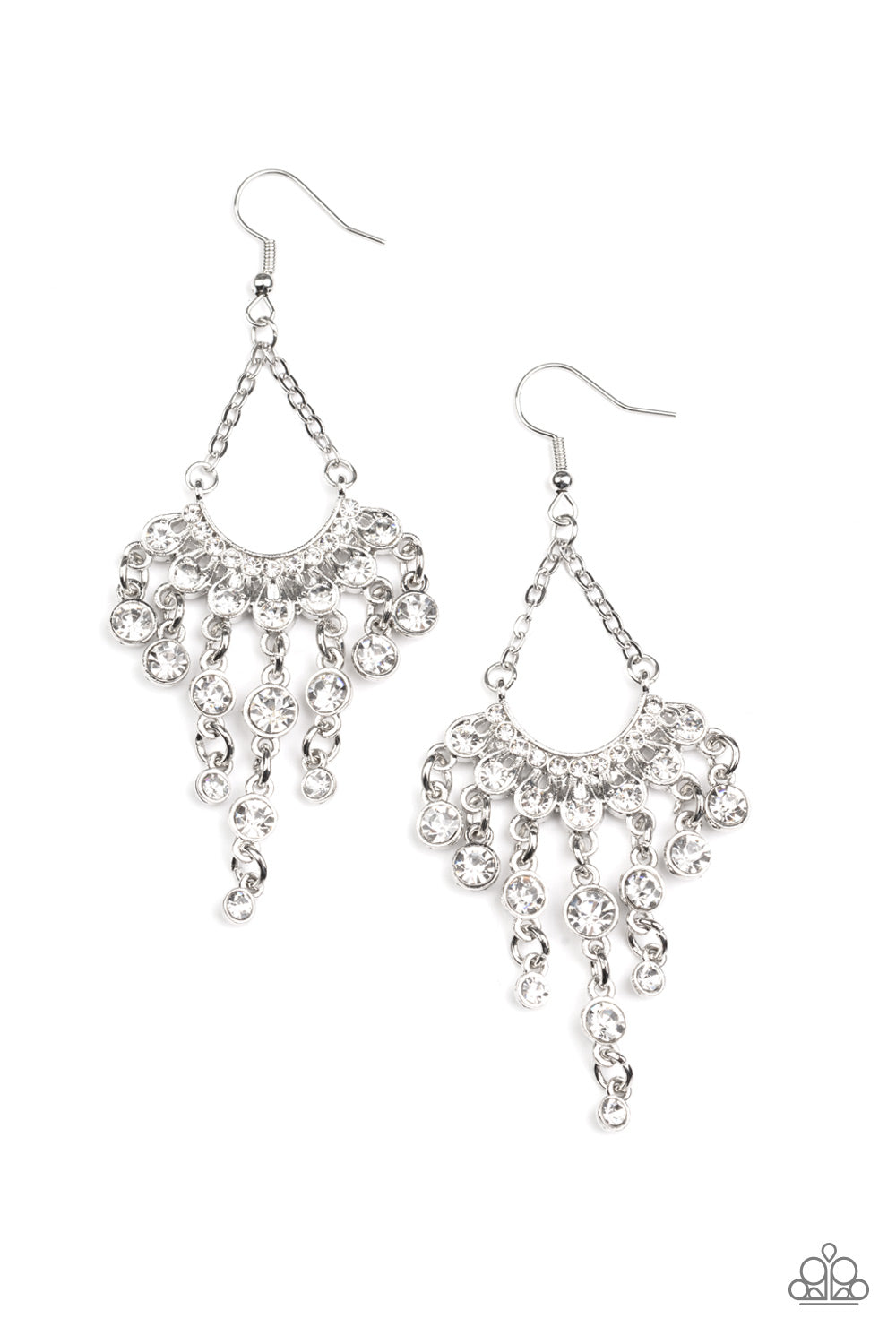 Commanding Candescence - White Rhinestone Silver Fishhook Earring