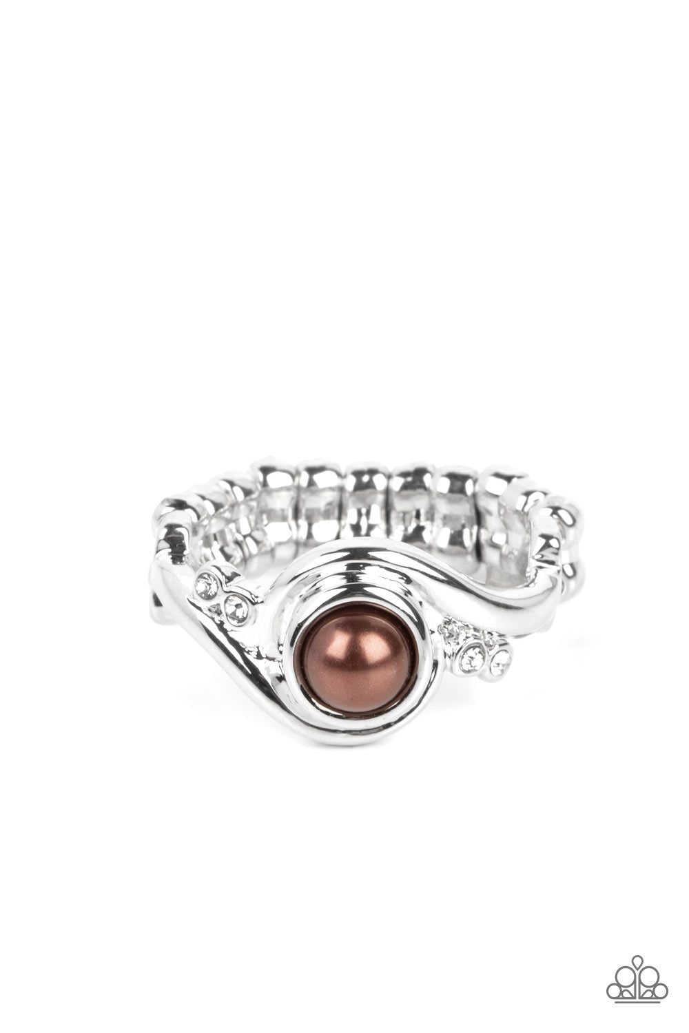 Pearly Pizzazz - Brown Pearl White Rhinestone Silver Ring