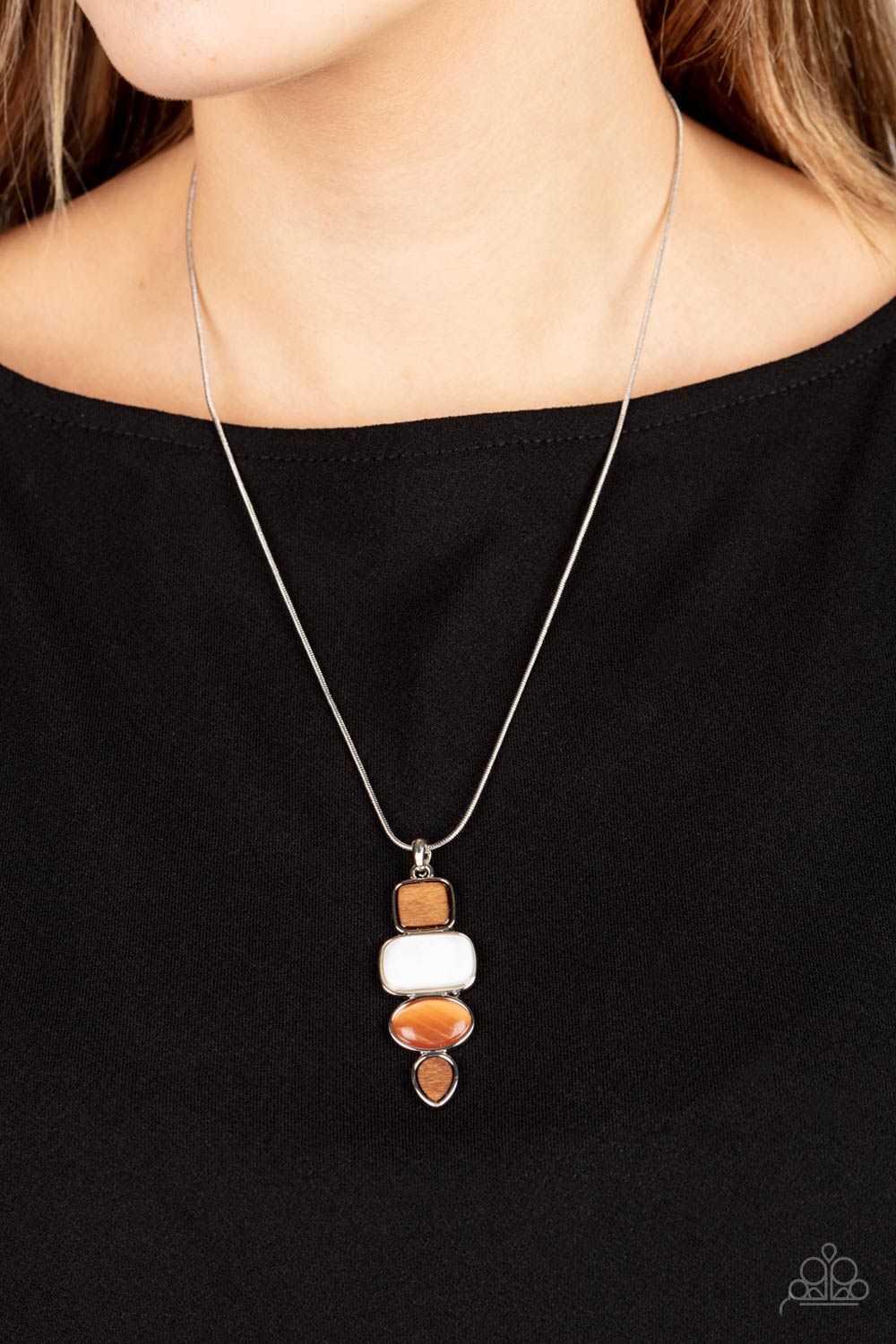 Elemental Energy - Orange Cat's Eye Stone Wooden Accent Silver Medium-Length Necklace