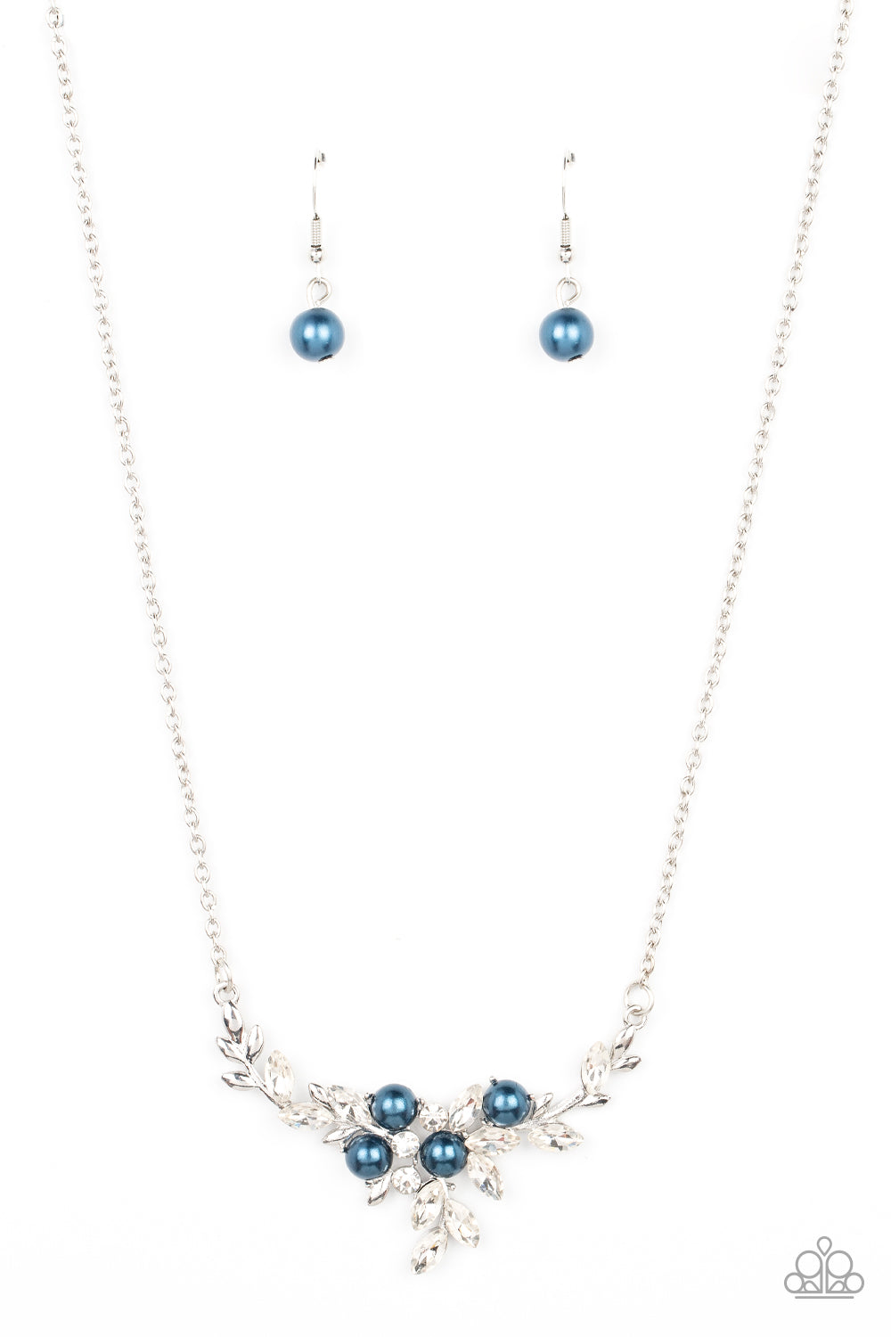 Because Im The Bride - Blue Pearl White Rhinestone Short Silver Necklace