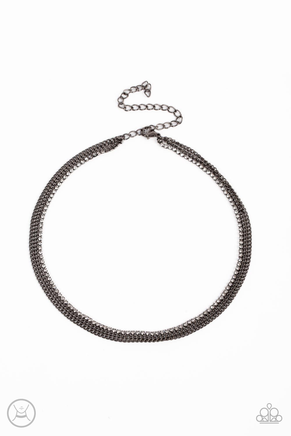 Glitzy Gusto - Black Rhinestone Silver Chain Layered Choker Necklace
