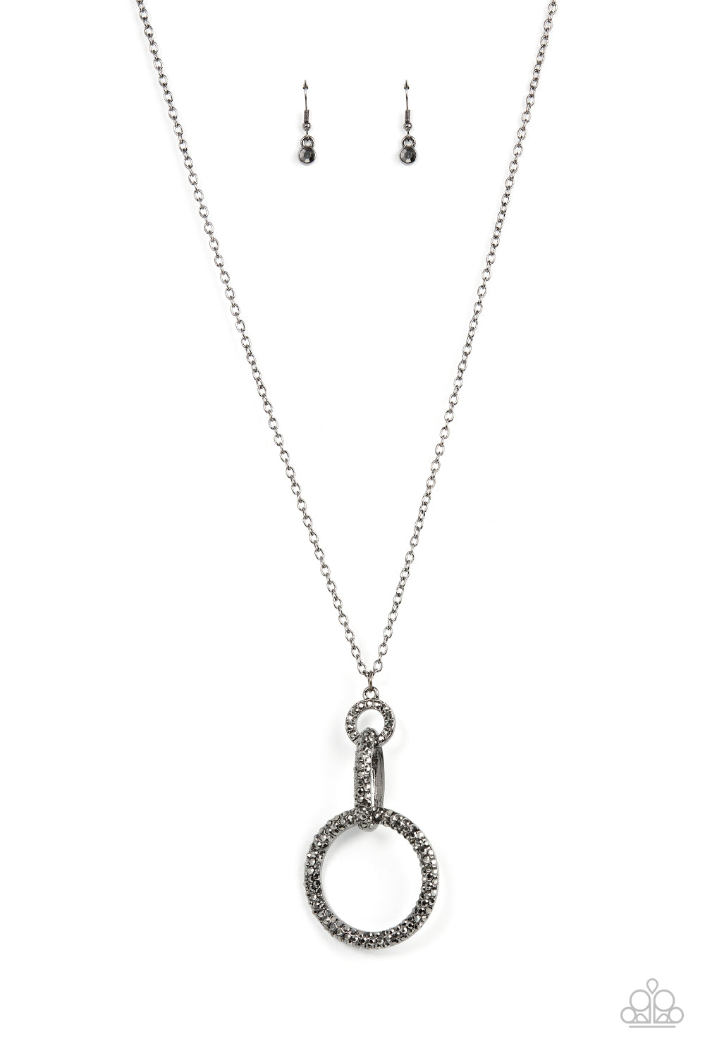 Radiant Ringleader - Black Gunmetal Hematite Rhinestone Circle Pendant Long Necklace