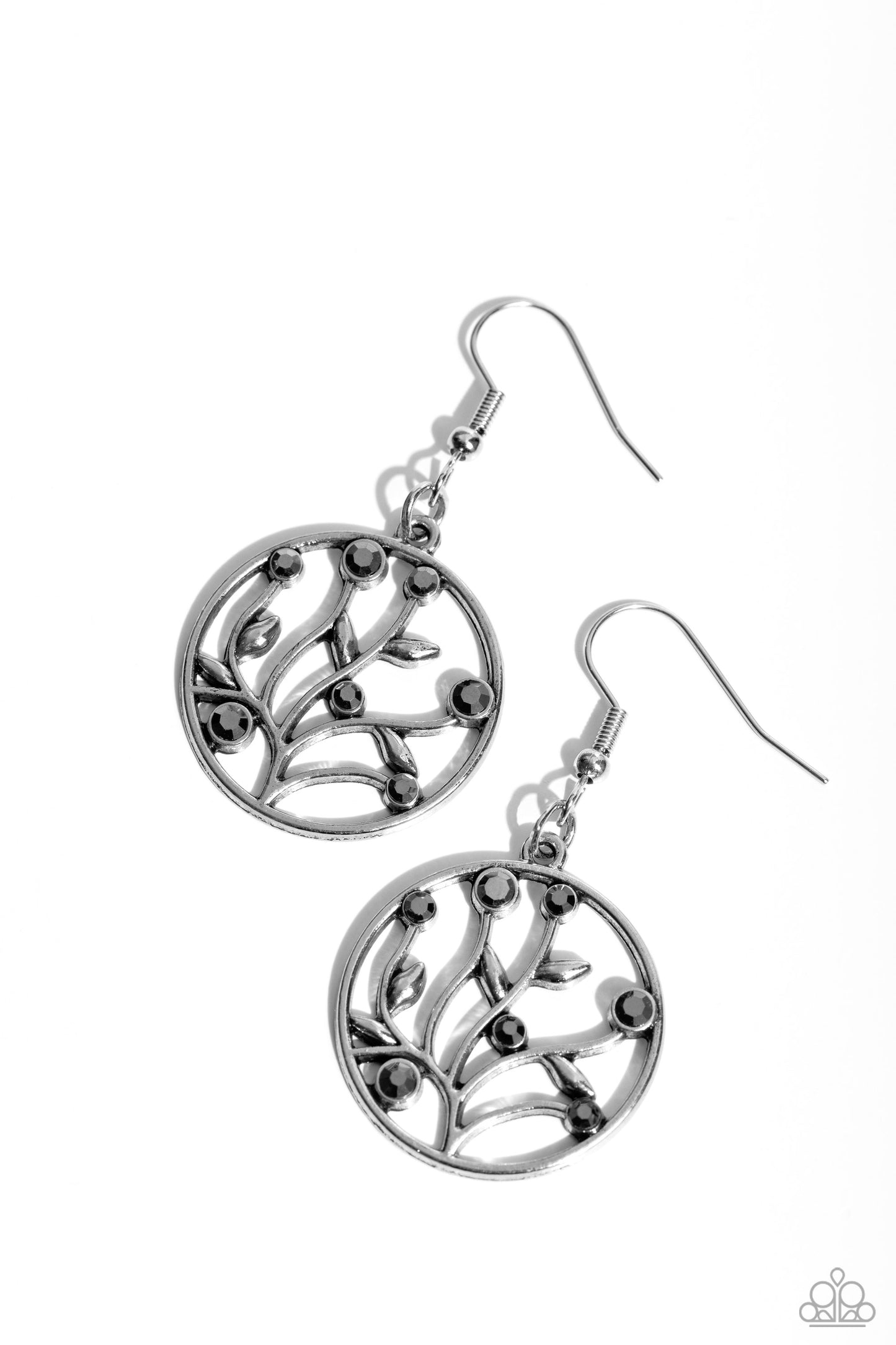Bedazzlingly Branching - Silver Leaf Hematite Rhinestone Fishhook Earrings