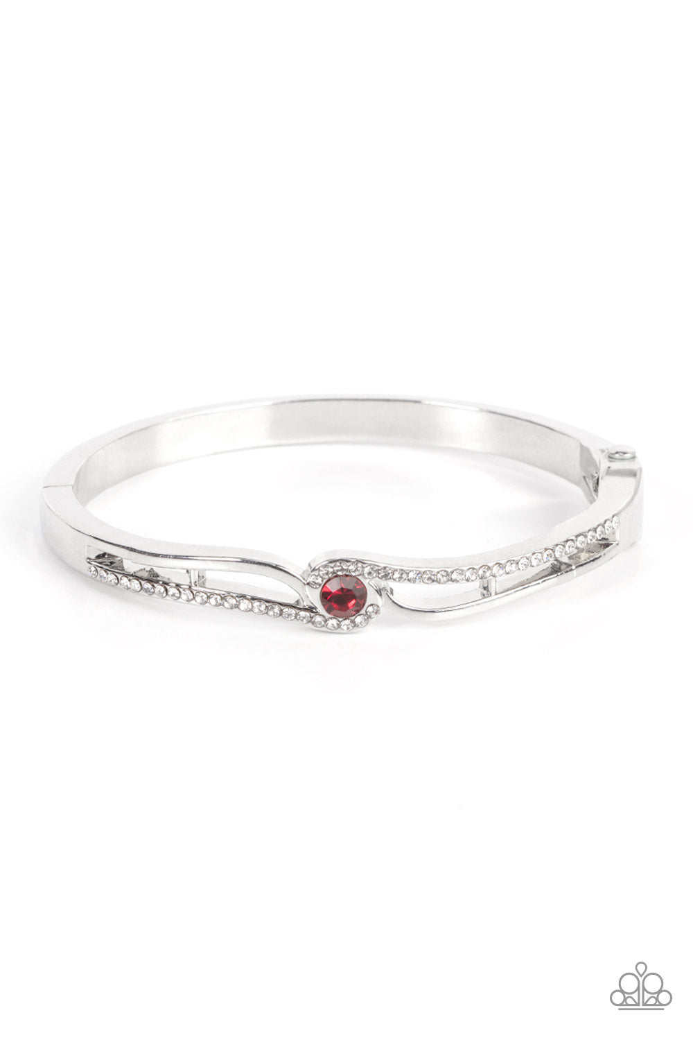 Top-Shelf Shimmer - Red Rhinestone Silver Hinged Bracelet
