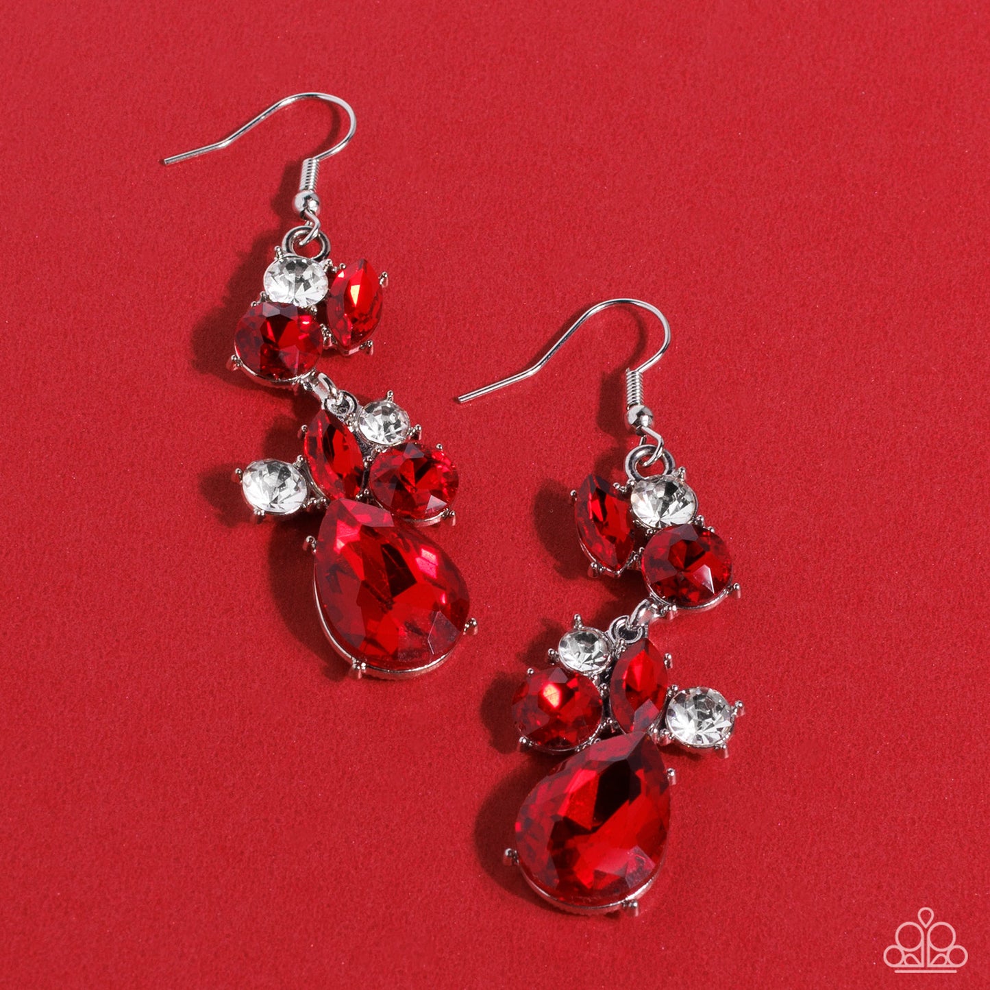 Rhinestone Reveler - Red Gem Silver Fishhook Earrings
