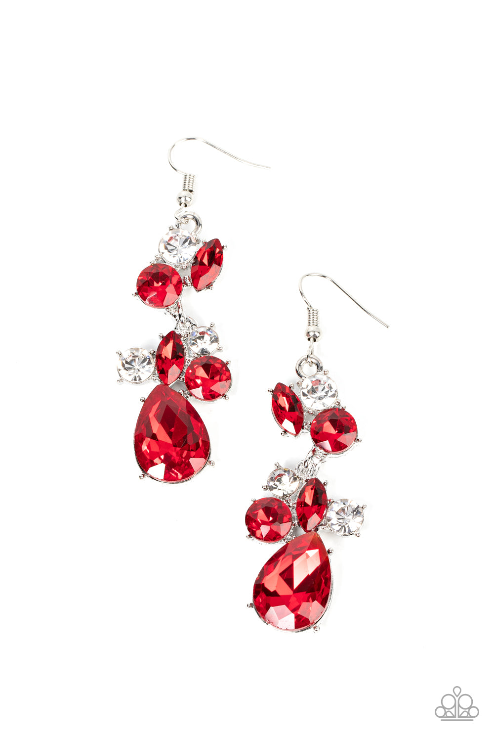 Rhinestone Reveler - Red Gem Silver Fishhook Earrings