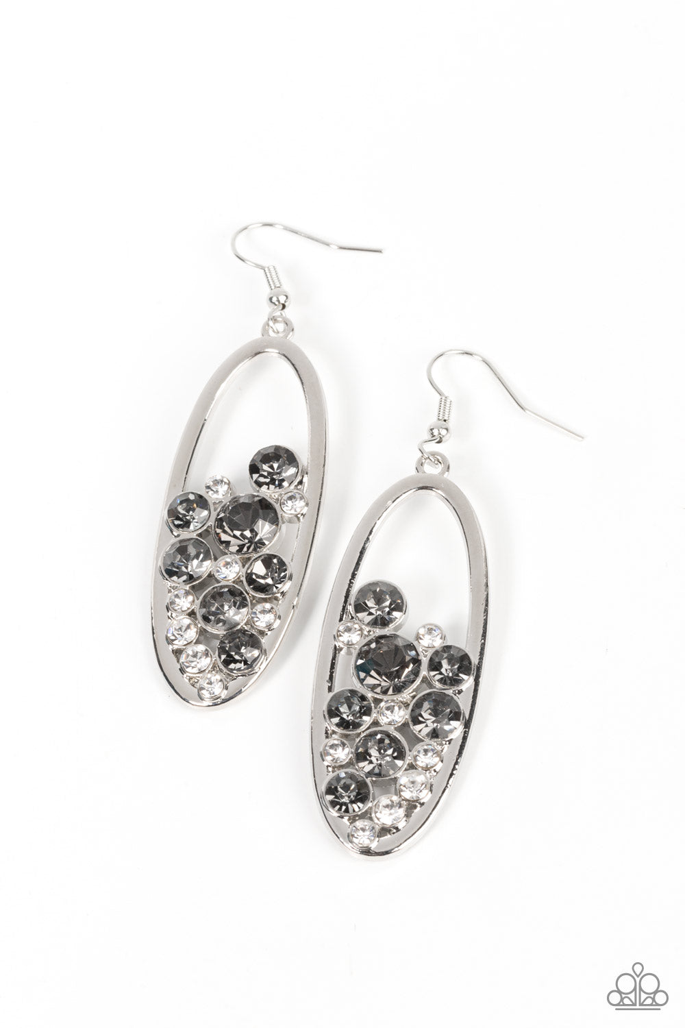 Prismatic Poker Face - Silver Smoky and White Rhinestone Fishhook Earrings
