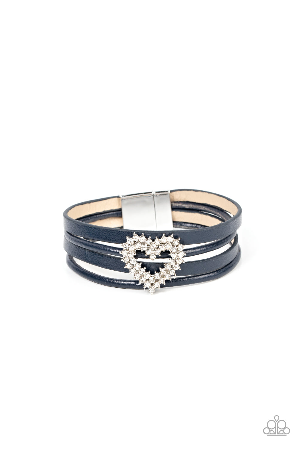 Wildly in Love - Blue Leather White Rhinestone Heart Silver Accent Magnet Bracelet