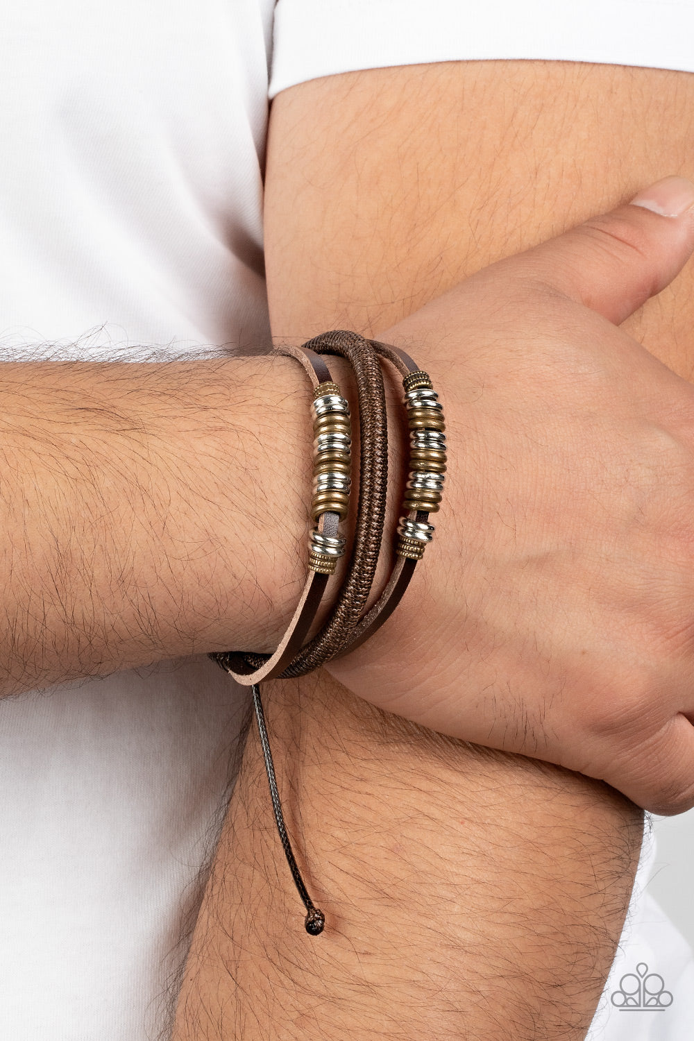 Treasure Tracker - Brown Cord Silver Brass Disc Urban Slide Bracelet