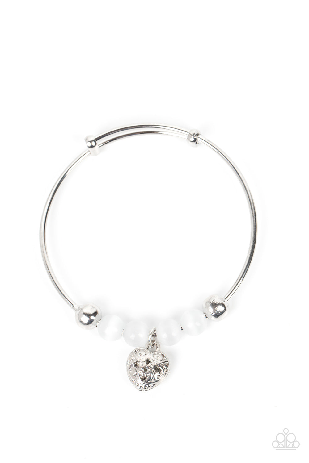 Vintage Vows - White Cat's Eye Stone Silver Heart Bangle Bracelet