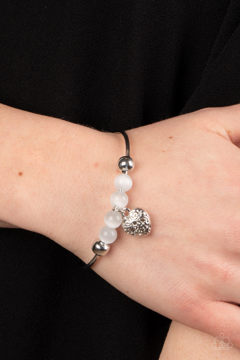 Vintage Vows - White Cat's Eye Stone Silver Heart Bangle Bracelet