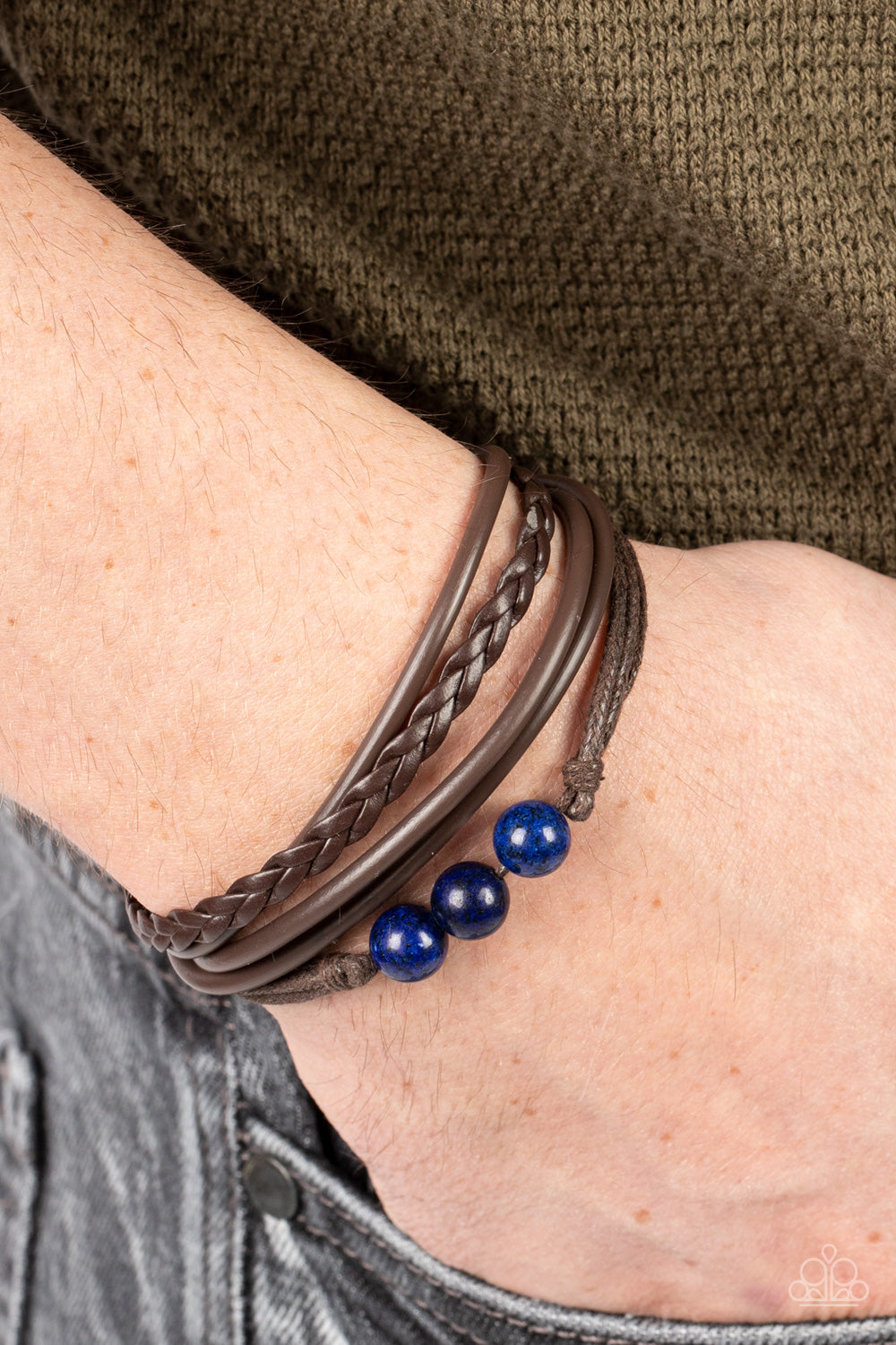 Rest Easy - Blue Lapis Lazuli Stone Bead Brown Cord Urban Slide Bracelet
