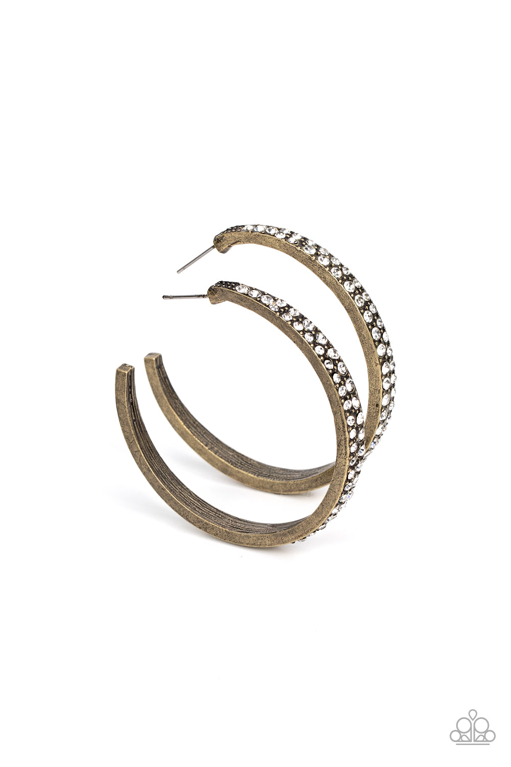 Tick, Tick, Boom! - Brass Hoops with White Rhinestone Post Earrings
