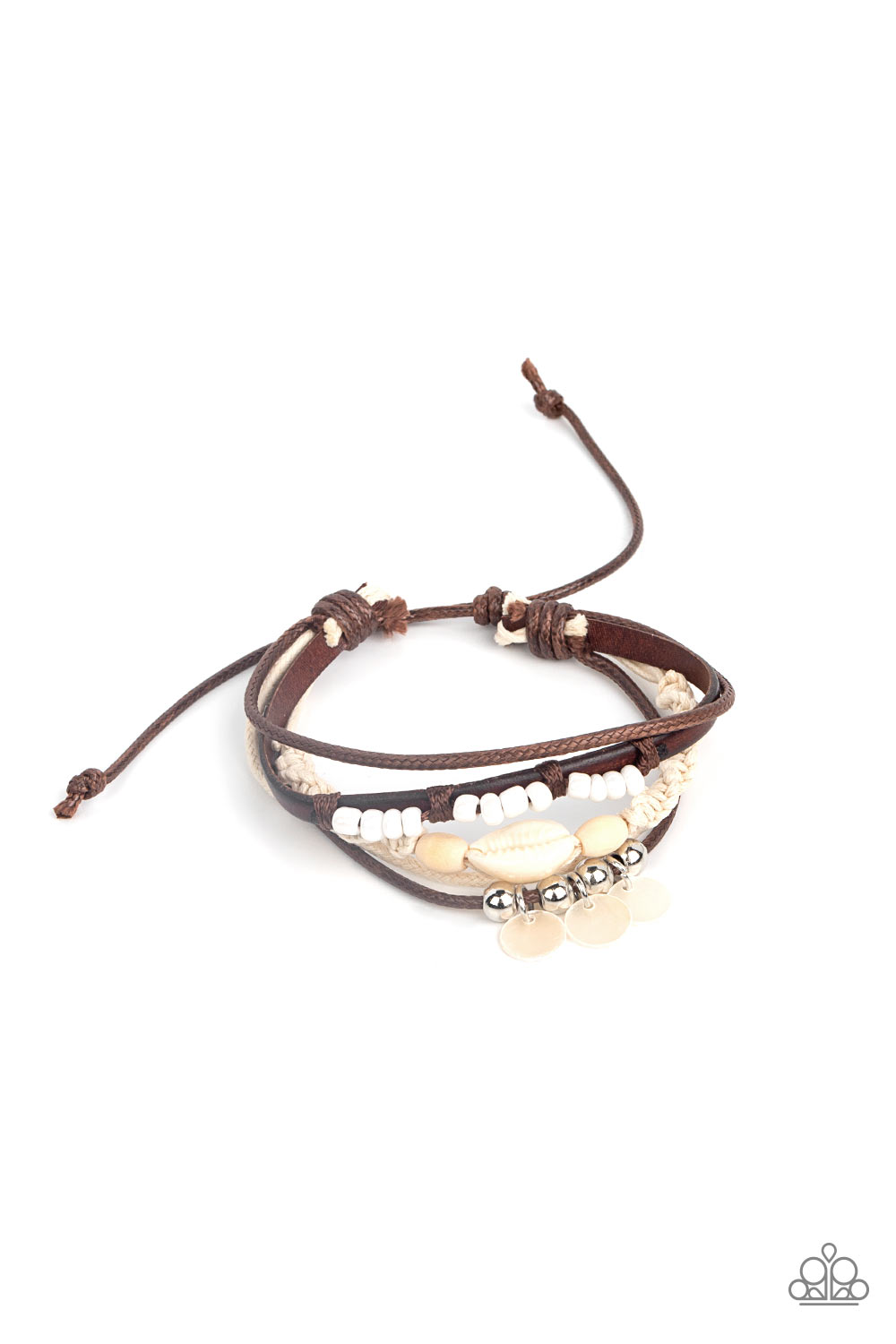Tidal Dream - White Pearlyand Wooden Bead Shell Brown Leather Beachy Slide Bracelet