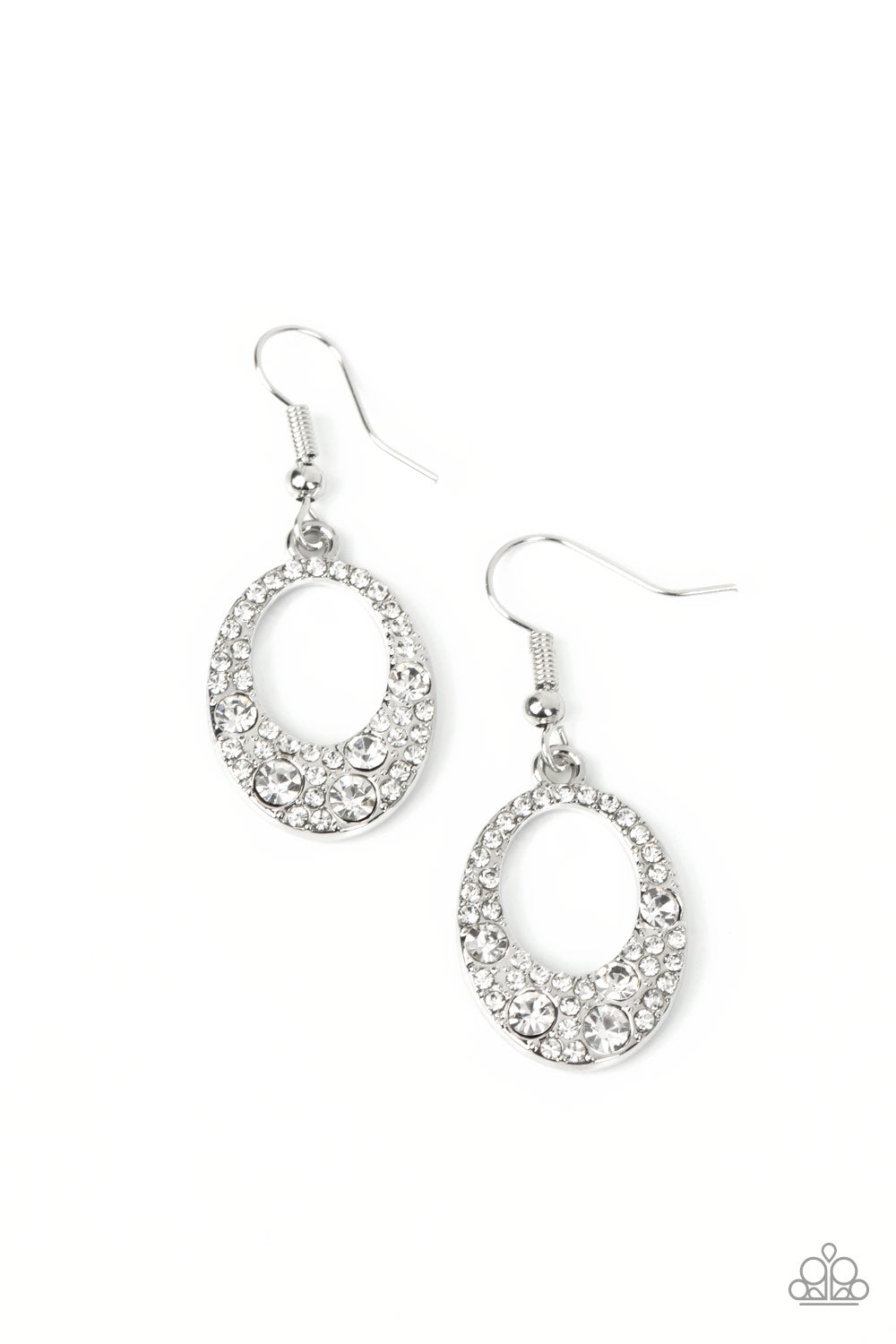 Showroom Sizzle - White Rhinestone Silver Small Oval Fishhook Earrings
