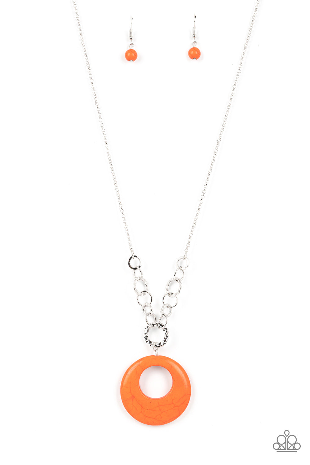 Hidden Dune - Orange Stone Circle Silver Long Necklace