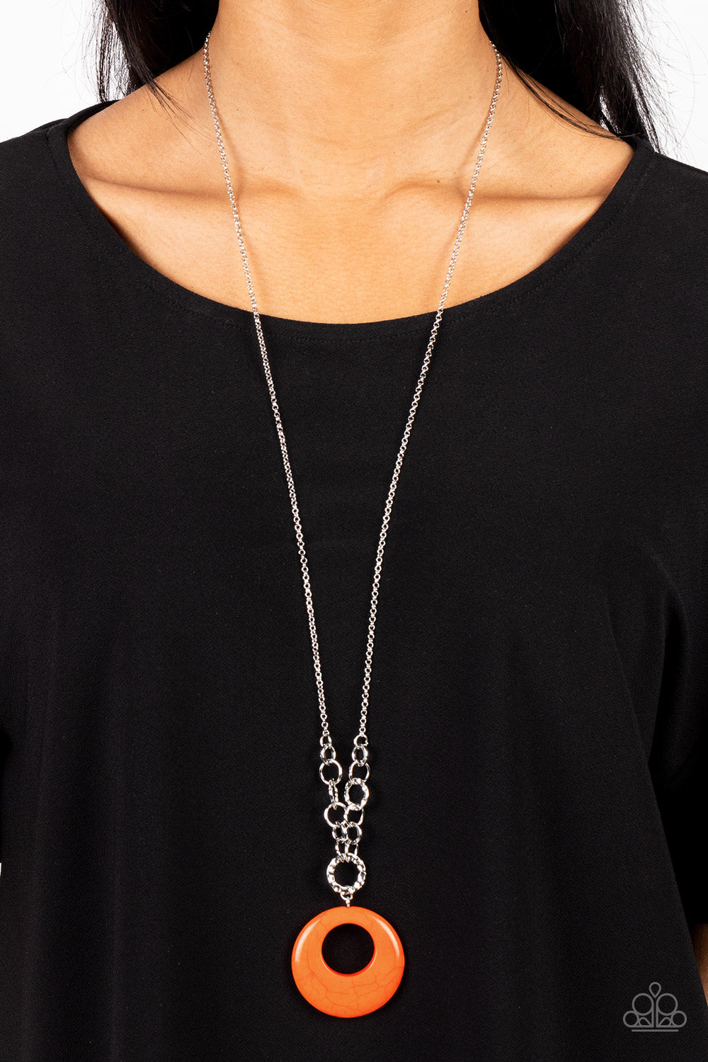 Hidden Dune - Orange Stone Circle Silver Long Necklace