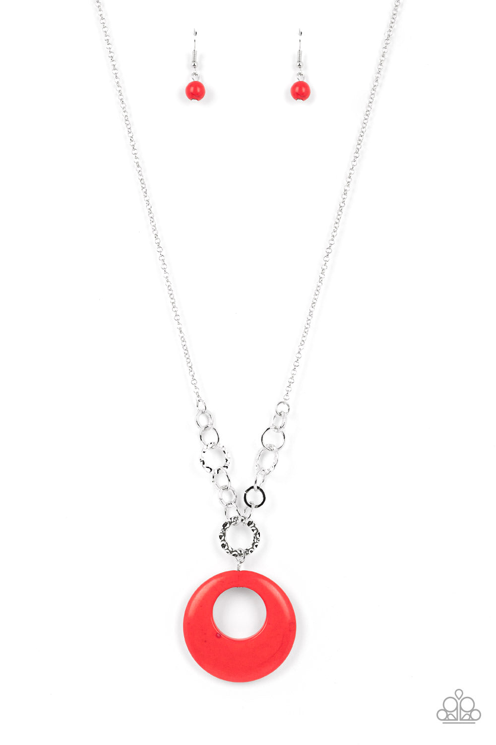 Hidden Dune - Red Stone Circle Silver Long Necklace