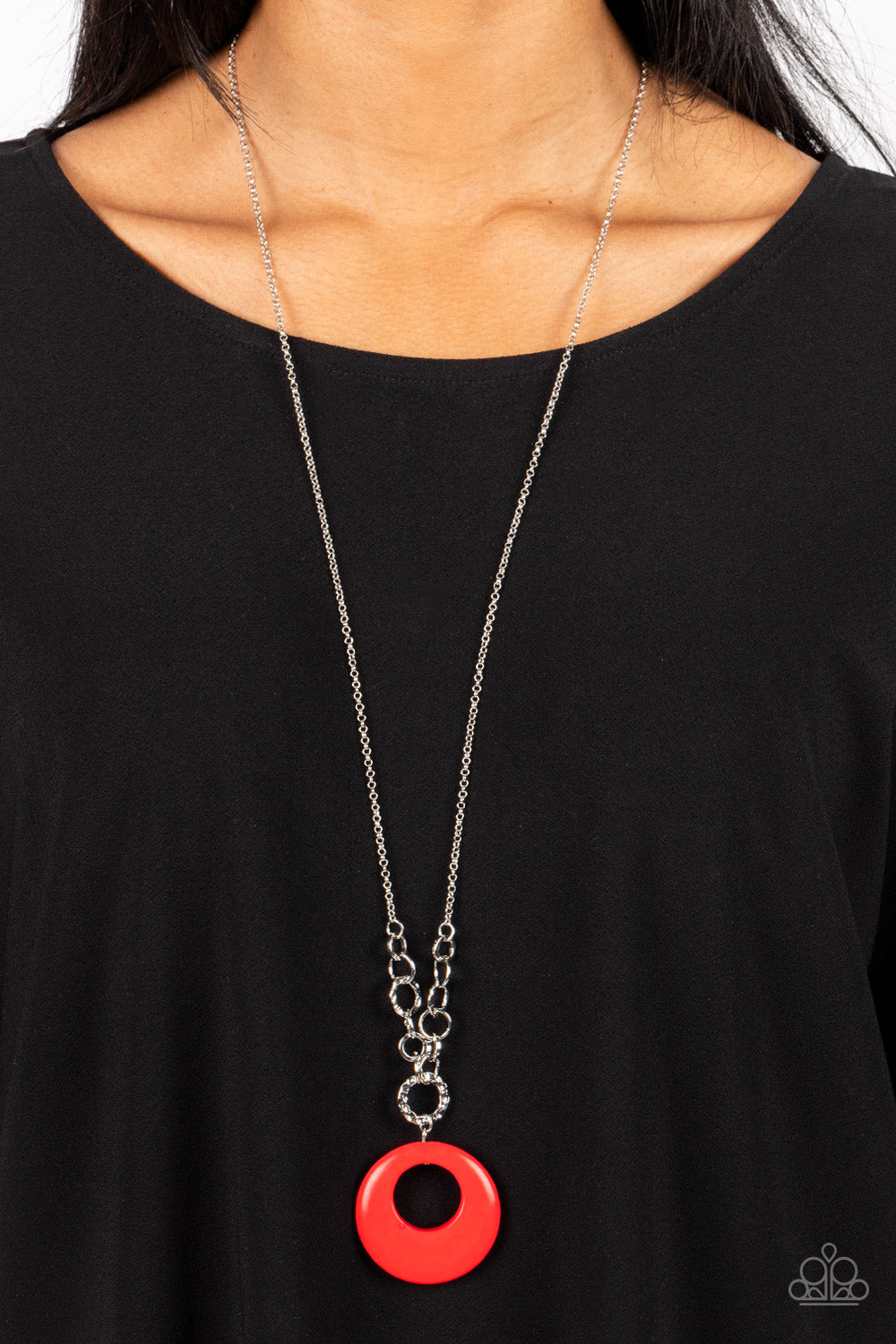 Hidden Dune - Red Stone Circle Silver Long Necklace