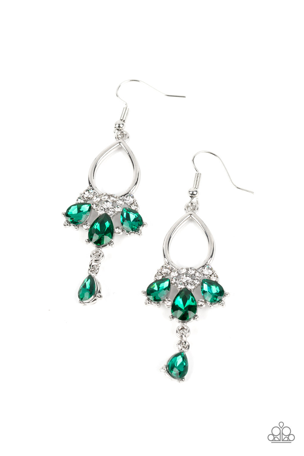 Coming in Clutch - Green Gem White Rhinestone Silver Fishhook Earrings