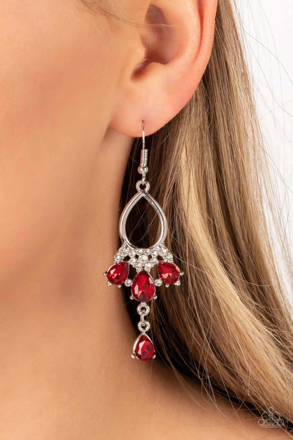 Coming in Clutch - Red Gem White Rhinestone Silver Fishhook Earrings