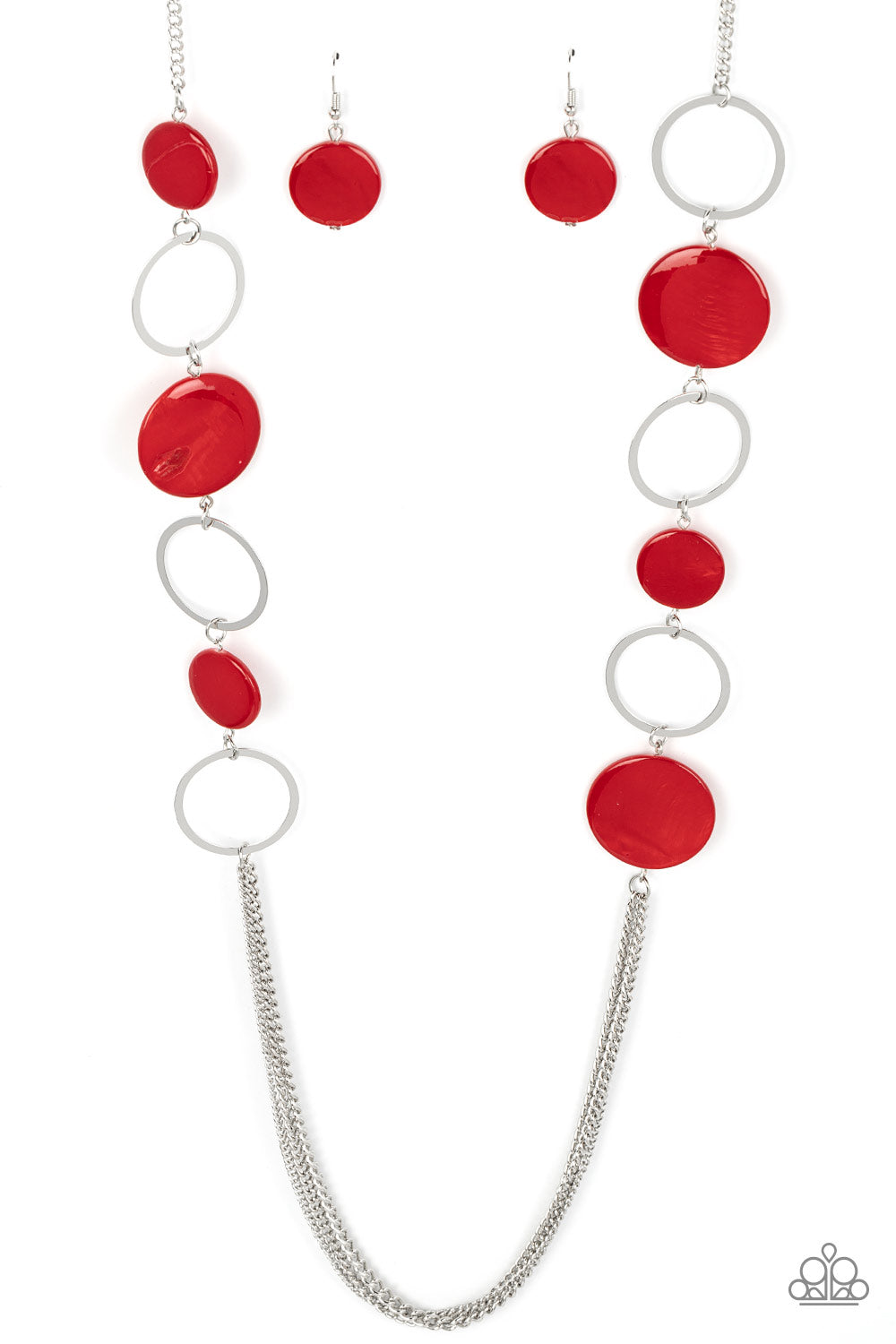 Beach Hub - Red Shell-like Silver Circle Long Necklace