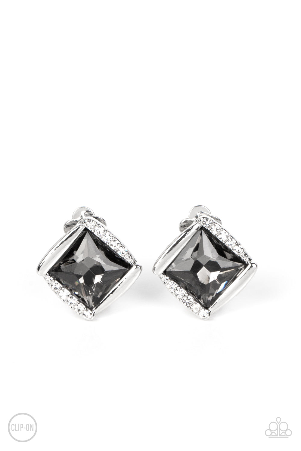 Sparkle Squared - Silver Smoky Gem White Rhinestone Silver Clip-On Earrings