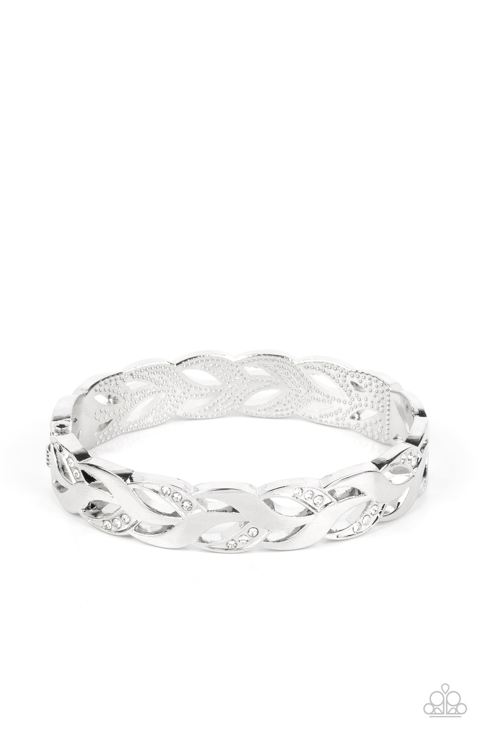 Editor-in-LEAF - White Rhinestone Silver Leaf Hinged Bracelet