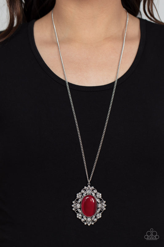 Dream Board Dazzle - Red Cat's Eye Long Silver Necklace