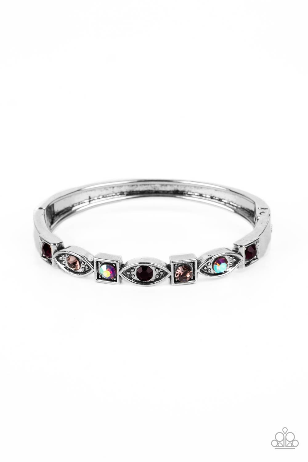 Poetically Picturesque - Purple and Iridescent Rhinestone Silver Hinged Bracelet