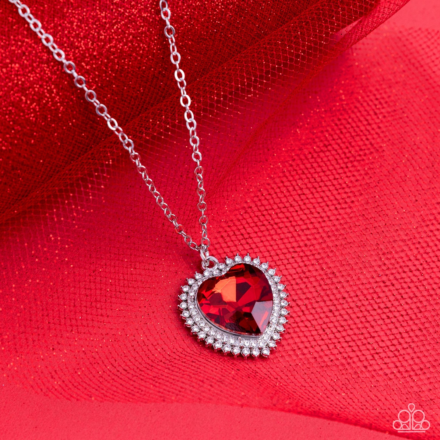 Sweethearts Stroll - Red Heart Gem White Rhinestones Silver Short Necklace
